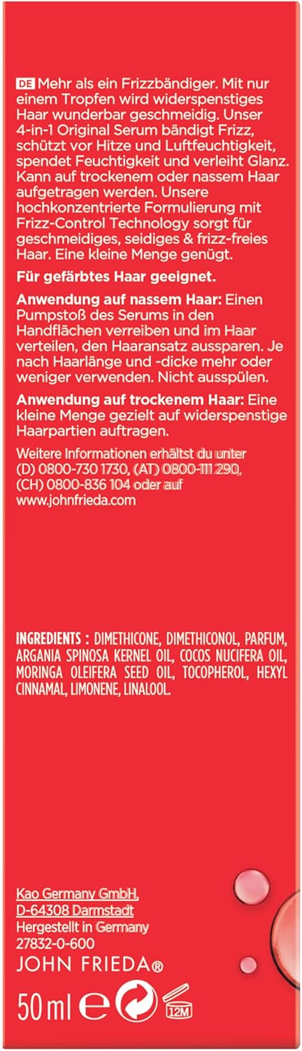 John Frieda 4-In-1 Original Serum - Contents: 50 Ml - Hair Type: Normal To Thick - From The Frizz Ease Series - Tames Frizz - Protects Against Heat And Humidity