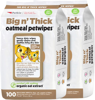 Petkin Pet Wipes for Dogs and Cats, 200 Wipes (Large) – Oatmeal Pet Wipes for Dogs and Cats – Soothes Itchy Dry Skin and Cleans Ears, Face, Butt, Body and Eye Area – 2 Packs of 100 Wipes