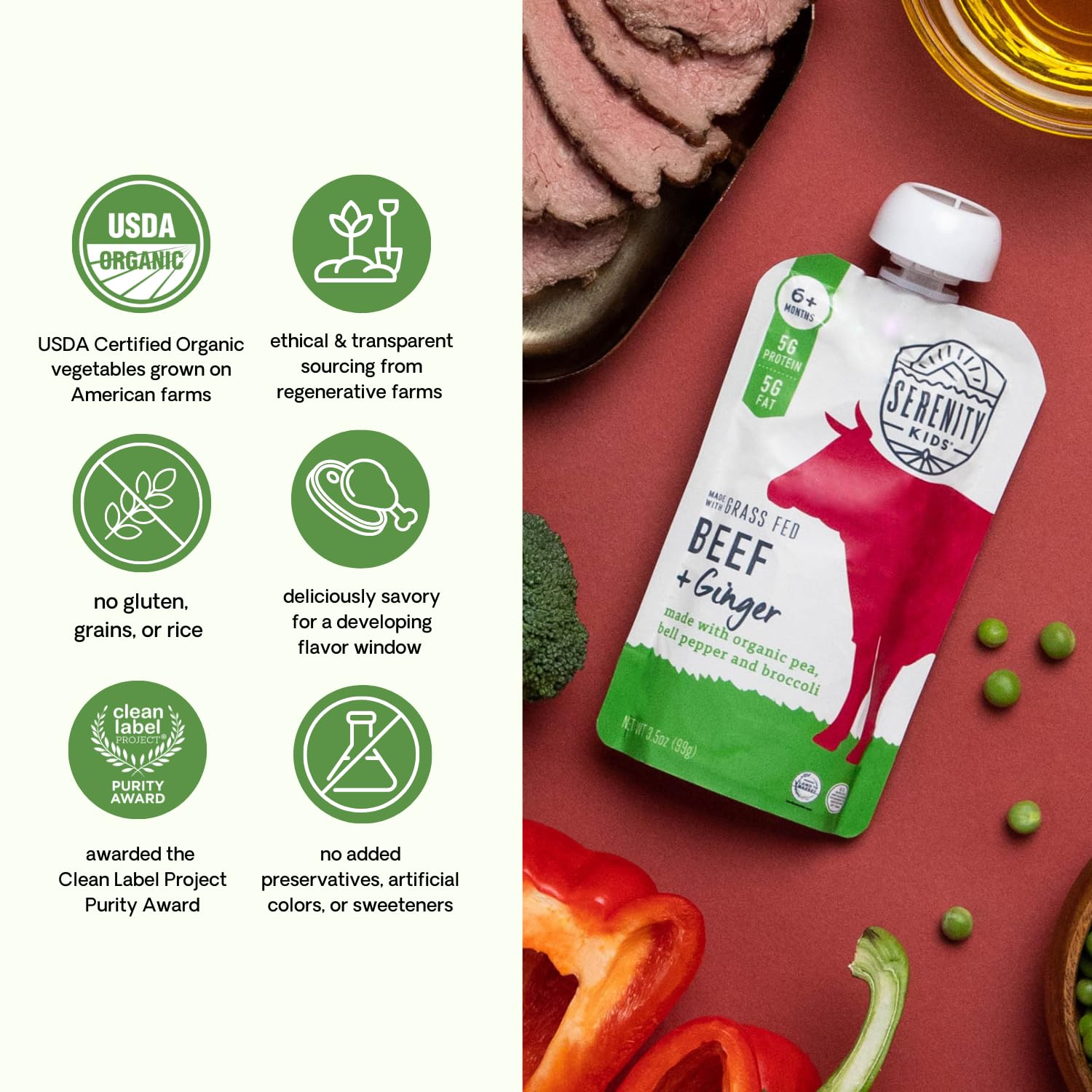 Serenity Kids 6+ Months Baby Food Pouches Puree Made With Ethically Sourced Meats & Organic Veggies | 3.5 Ounce BPA-Free Pouch | Grass Fed Beef & Ginger, Pea, Bell Pepper, Broccoli | 12 Count : Baby