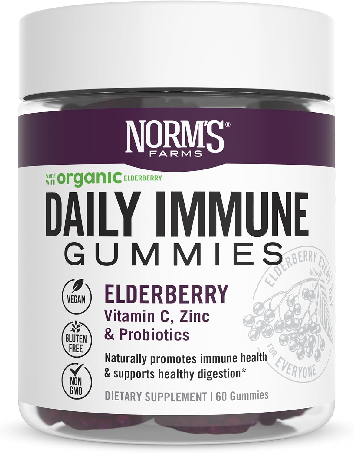 Norm'S Farms Daily Immune Elderberry Gummies - Vitamin C, Zinc & Probiotics - Vegan, Gluten Free, Kosher, Non-Gmo - 60 Gummies
