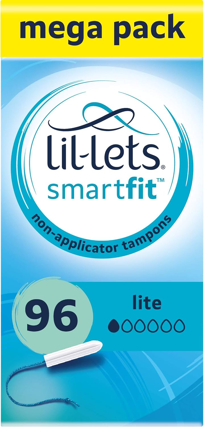 Lil-Lets Non-Applicator Lite Tampons X 96, (6 Packs of 16 Tampons), for Light Flow, 1 Droplet, Plant-Based, SmartFit™ Non-App Tampon
