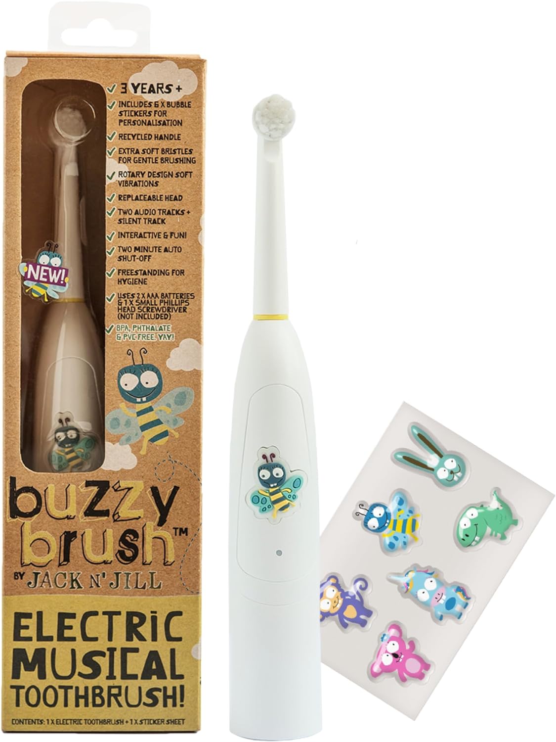 Jack N' Jill Kids Buzzy Brush Electric Musical Toothbrush - Kids Electric Toothbrush Age 3 And Up, Singing Toothbrush, Tri Color Led, Water Resistant, Child Safe, Battery Operated - (Pack Of 1)