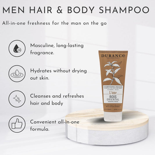Durance L'Ome Hair & Body Shampoo For Men, 200Ml – Men’S Shampoo With Oriental Wood Cistus Extract – Body Wash For Men - Cleanses Without Damaging The Skin, Leaves Hair Soft & Shiny