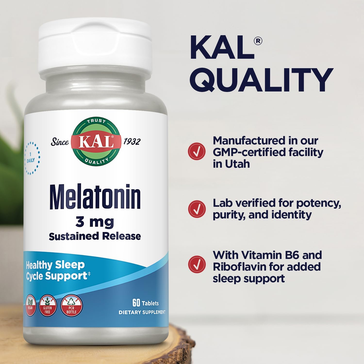 KAL Melatonin 3mg Sustained Release Sleep Aid, Melatonin Supplement Supports Healthy Relaxation, a Calm Feeling and a Proper Sleep Cycle, w/Added Vitamin B6, Vegan, Gluten Free 60 Serv, 60 Tablets : Health & Household