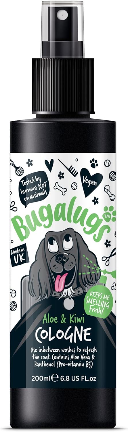 BUGALUGS Dog Cologne perfume - dog deodorant deodoriser spray use with professional groom Dog Shampoo For Dogs, Cats & Pets (Aloe & Kiwi, 200ml)5056176298562