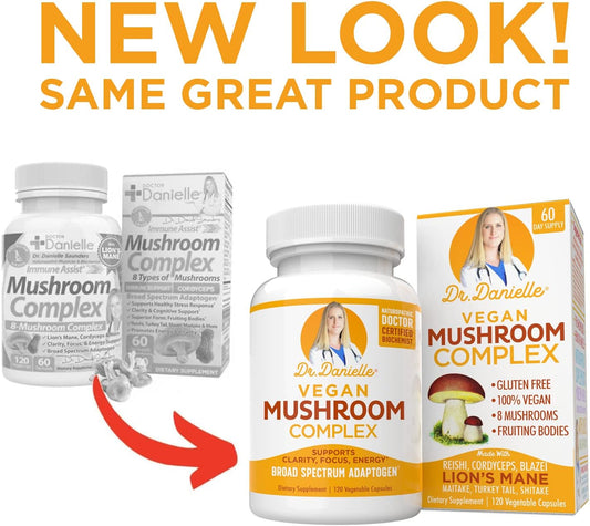 Best Organic Mushroom Complex - Immune Assist Support - Lion's Mane, Cordyceps and Reishi - Adaptogen Supplement - Wellness, Stress Relief, Memory & Cognitive Support, Dr. Danielle - 120 Veggie Caps