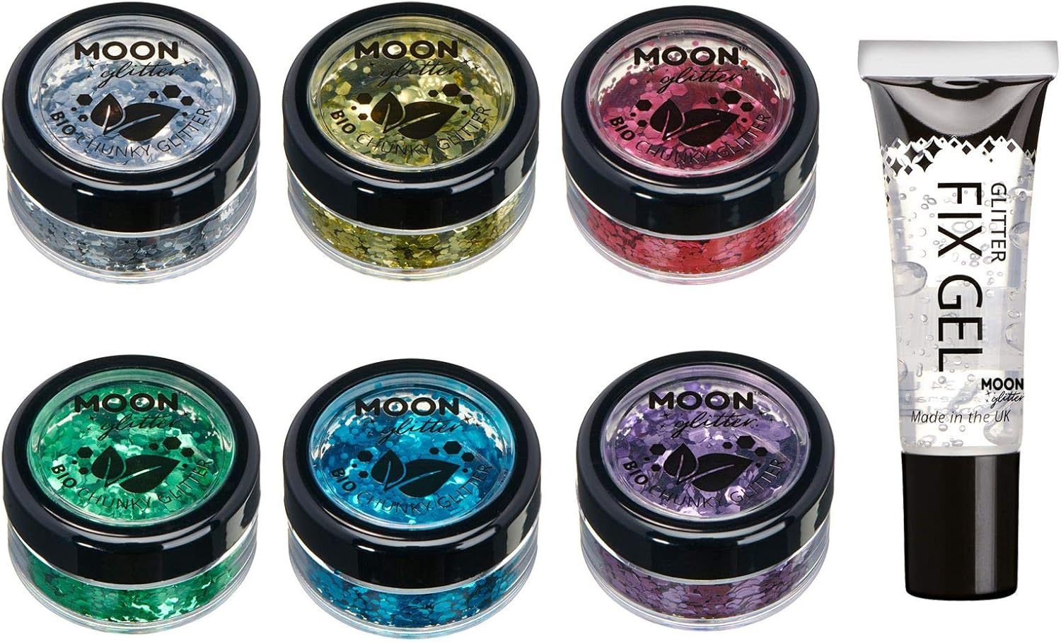 Biodegradable Eco Chunky Glitter By Moon Glitter - Set Of 6 Colours + Fix Gel - Cosmetic Bio Festival Makeup Glitter For Face, Body, Nails, Hair, Lips - 3G