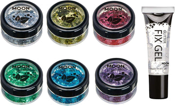 Biodegradable Eco Chunky Glitter By Moon Glitter - Set Of 6 Colours + Fix Gel - Cosmetic Bio Festival Makeup Glitter For Face, Body, Nails, Hair, Lips - 3G