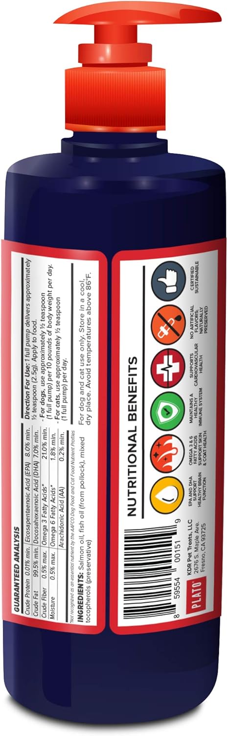 Plato Wild Alaskan Salmon Oil Kibble Topper - Boost Dog Food With Omega 3 & 6 Fatty Acids - For Healthy Skin & Coat - 8 Ounces