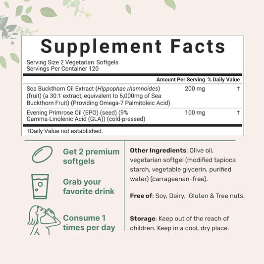 Vegan Omega 7 Sea Buckthorn Oil 6,000Mg, 240 Veggie Softgels | 2-In-1 With Evening Primrose Oil | Natural Support For Hair, Skin, & Nails | Combats Dryness | Plant Based, Non-Gmo, Gluten Free