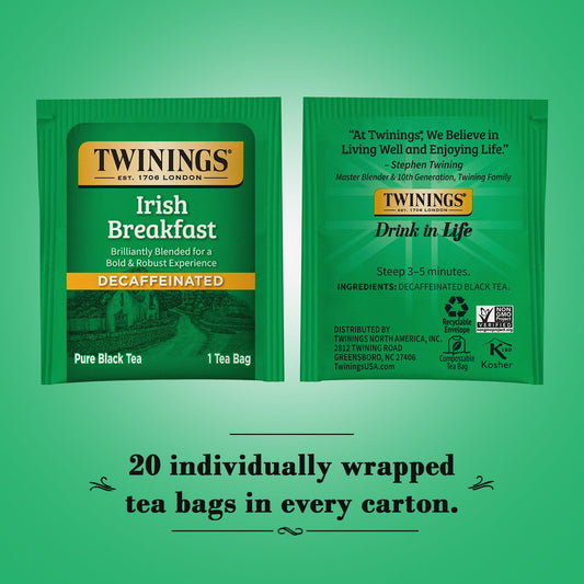 Twinings Irish Breakfast Tea, Decaf Tea Bags, Strong And Distinctive Black Decaffeinated Tea, 20 Individually Wrapped Tea Bags