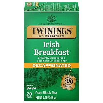 Twinings Irish Breakfast Individually Wrapped Tea Bags, 20 Count (Pack Of 6), Decaffeinated Black Tea, Flavourful, Robust, Enjoy Hot Or Iced