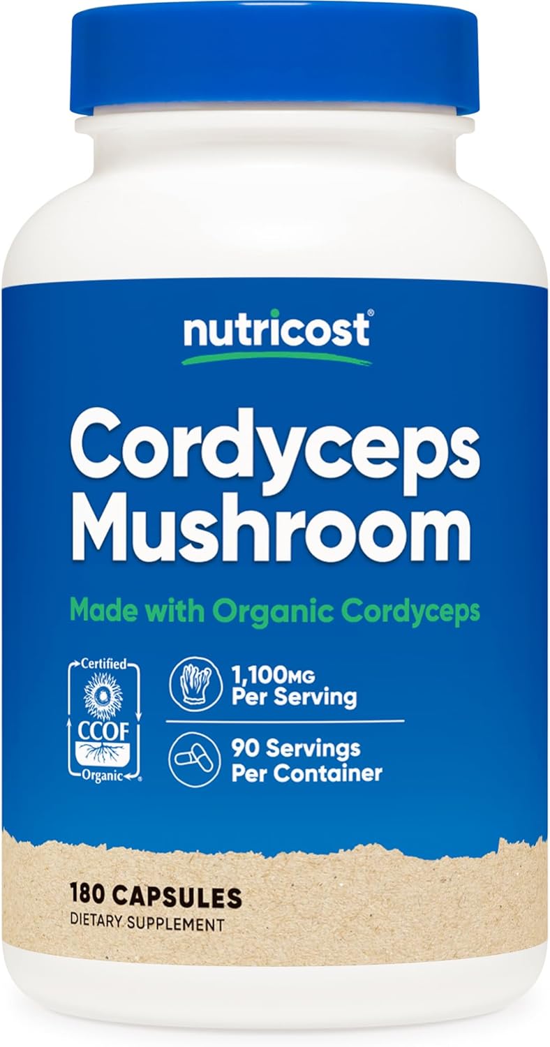 Nutricost Cordyceps Mushroom Capsules 1100Mg, 90 Serv - Ccof Certified Made With Organic, Gluten Free, 550Mg Per Capsule (180 Capsules)