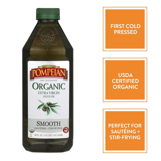 Pompeian Usda Organic Smooth Extra Virgin Olive Oil, First Cold Pressed, Smooth, Delicate Flavor, Perfect For Sautéing & Stir-Frying, 48 Fl. Oz