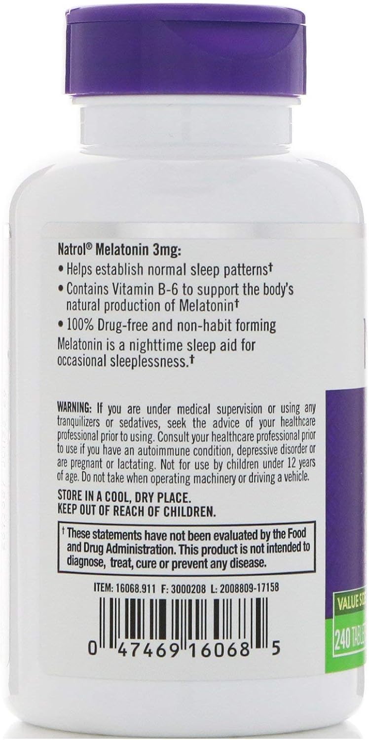 Natrol Melatonin Helps You Fall Asleep Faster Stay Asleep Longer Faster Absorption 100 Vegetarian 3Mg, (Tablets), 240 Count