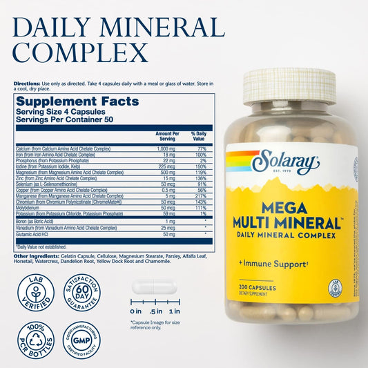 Solaray Mega Multi Mineral, Daily Mineral Complex With Calcium, Iron, Magnesium, Zinc, And More In Highly Absorbable Chelated Forms, Overall Health And Immune Support, 50 Servings, 200 Capsules