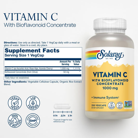 Solaray Vitamin C W/Rose Hips, Acerola & Bioflavonoids, 1000Mg, Supports Immune Function & Healthier Skin, Hair, Nails, Non-Gmo, Vegan, 250 Ct