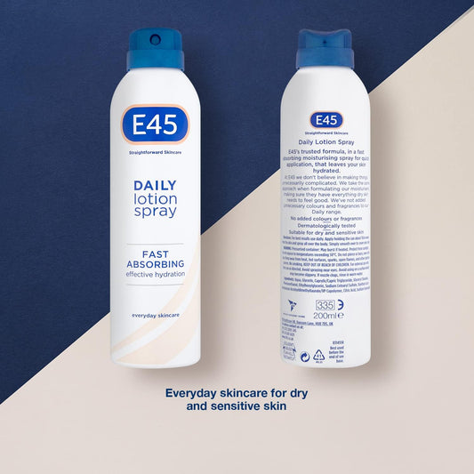 E45 Spray Moisturiser 200 ml - Daily Lotion Moisturiser Spray for Dry Sensitive Skin - Fast Absorbing Body Lotion Spray Moisturiser for Soft Skin and Lasting Hydration – Suitable for Eczema Prone Skin
