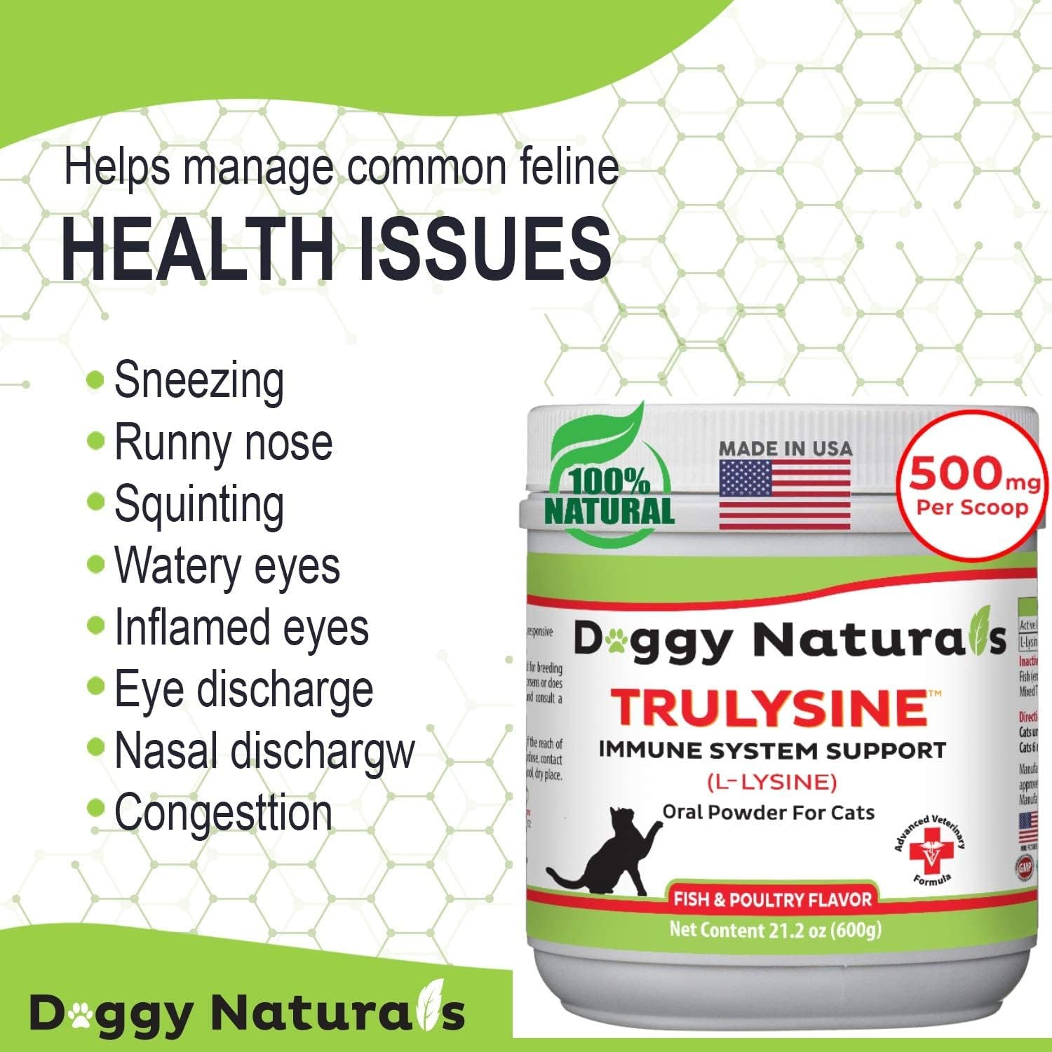 Trulysine L-Lysine for Cats Immune Support Oral Powder 21.2oz/600g - Cats & Kittens of All Age, Sneezing, Runny Nose Squinting, Watery Eyes-Fish & Poultry Flavor (U.S.A)(600 Grams (500mg / Scoop)) : Pet Supplies