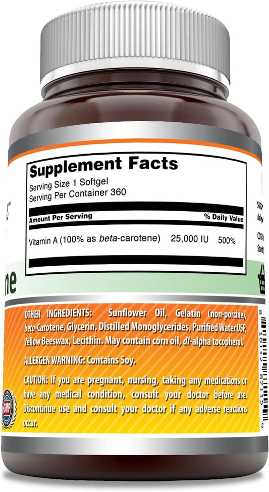 Amazing Formulas Beta-Carotene Dietary Supplement 25000 IU 360 Softgels - Supports Healthy Eyes - Promotes Overall Weleing (Non-GMO, Gluten-Free)