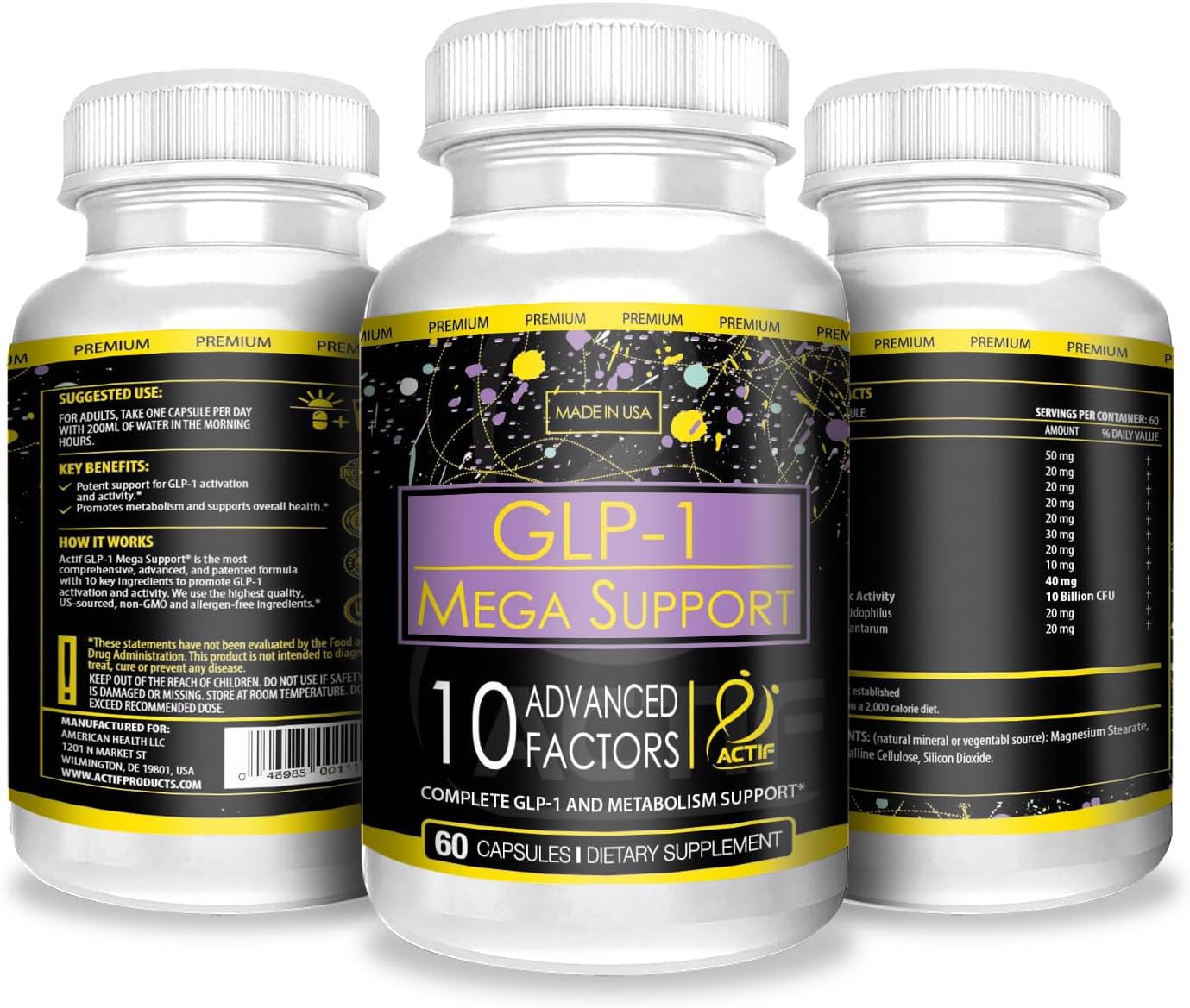 ACTIF GLP-1 Mega Support with 10 Advanced Factors and Probiotics, GLP-1 Activator and Metabolism Support, Non GMO, Made in USA, 60 Count : Health & Household