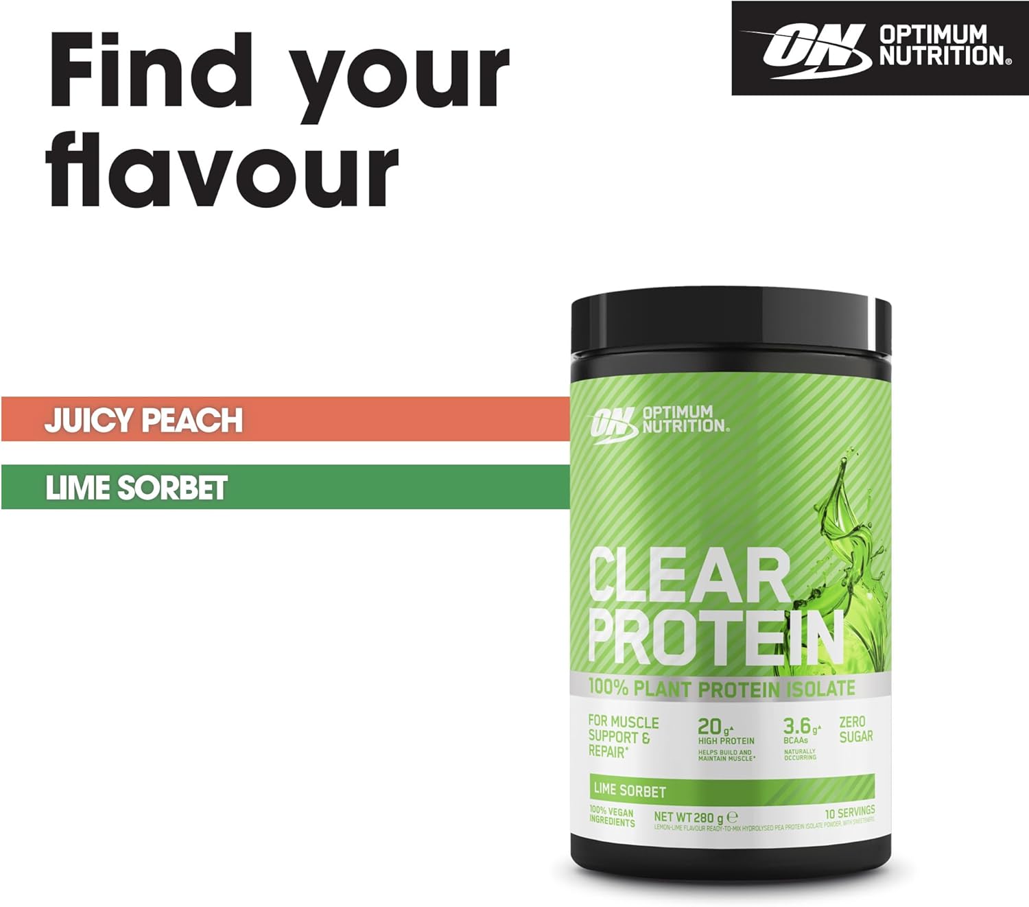 Optimum Nutrition Clear Protein 100% Plant Protein Isolate, Vegan and Sugar-Free High Protein Powder with BCAAs, made from Pea Protein Isolate, Muscle Support & Repair, Juicy Peach, 10 servings, 280 g : Amazon.co.uk: Health & Personal Care