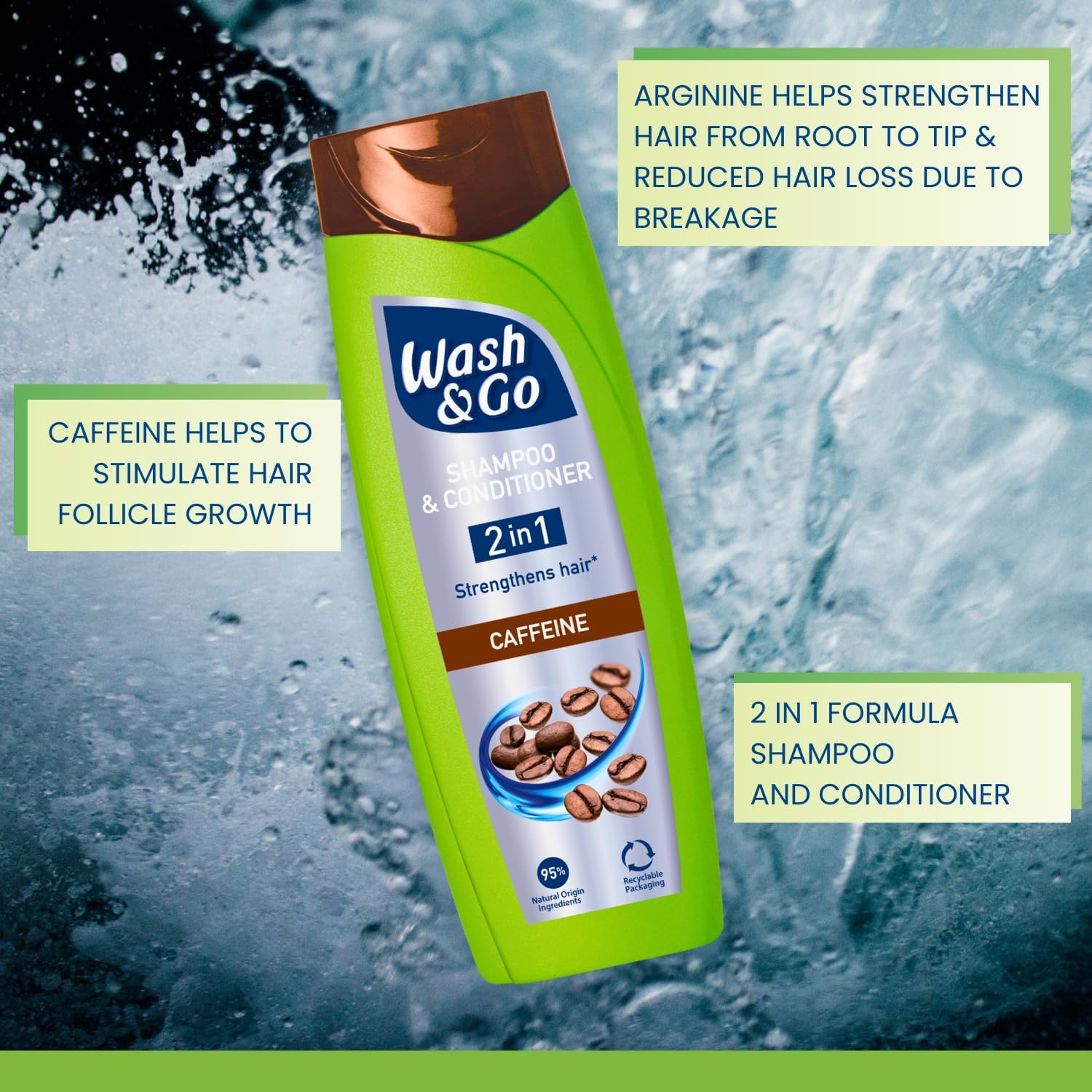 Wash & Go Caffeine 2 in 1 Shampoo & Conditioner, Men's Hair Shampoo, For All Hair Types, Bulk Pack x 9 bottles : Amazon.co.uk: Beauty