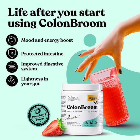 Colonbroom Psyllium Husk Powder (Strawberry) - Colon Cleanse For Bloating Relief & Gut Health - Colon Broom Fiber Powder Drink - Vegan, Gluten Free, Non-Gmo Fiber Powder Supplement, 60 Servings