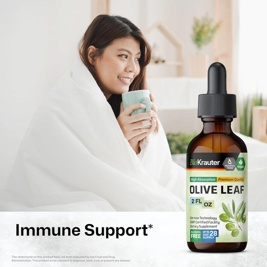 Bio Krauter Olive Leaf Extract Liquid - Olive Leaf Tincture For Immune Support - Alcohol And Sugar Free - Vegan Drops 4 Fl.Oz
