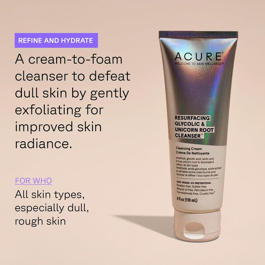 Acure Resurfacing Glycolic & Unicorn Root Cleanser- Gentle Daily Exfoliation Cleansing Cream - Brightening & Hydrating Face Wash - For All Skin Type 4 Fl Oz