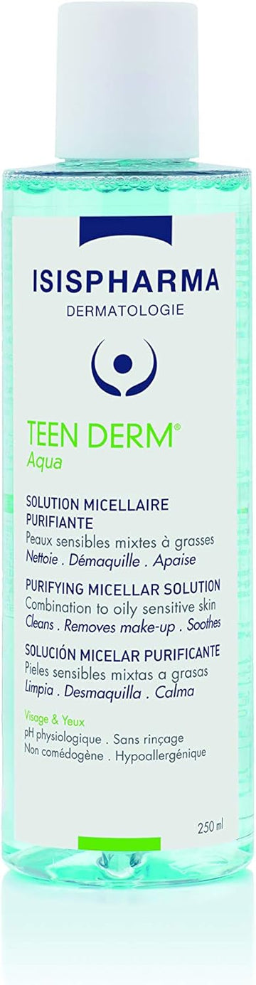 Isispharma Teen Derm Aqua - Purifying Micellar Water - Face Cleanser And Makeup Remover For Sensitive To Oily Skin - Cleanser With Zinc And Boswellia Extract - Glass Skin Effect - Made In France