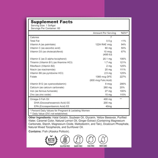 Halal Prenatal Vitamins + Dha, Folic Acid Iron, Ginger For Soothing, One Daily, For All Pregnancy Stages, Gluten Free, Non-Gmo, 60 Softgels