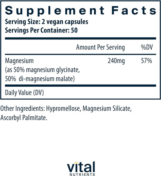 Vital Nutrients Magnesium Glycinate + Malate | 120Mg Vegan Magnesium Supplement For Women And Men | Muscle, Heart, Bone Support* | Promotes Relaxation | Gluten, Dairy And Soy Free | 100 Capsules