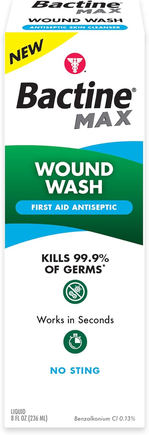 Bactine Max First Aid Wound Wash - Antiseptic Liquid Kills 99.9% Of Germs - Infection Protection For Minor Cuts, Scrapes, And Burns - First Aid Solution - 8Fl Oz