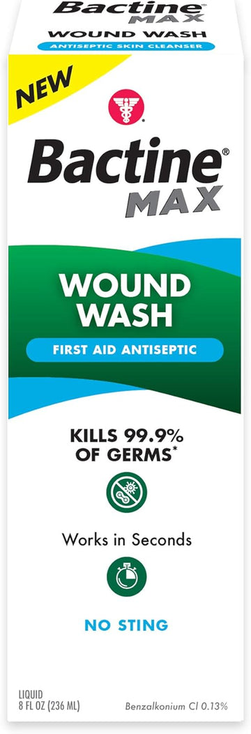 Bactine Max First Aid Wound Wash - Antiseptic Liquid Kills 99.9% Of Germs - Infection Protection For Minor Cuts, Scrapes, And Burns - First Aid Solution - 8Fl Oz