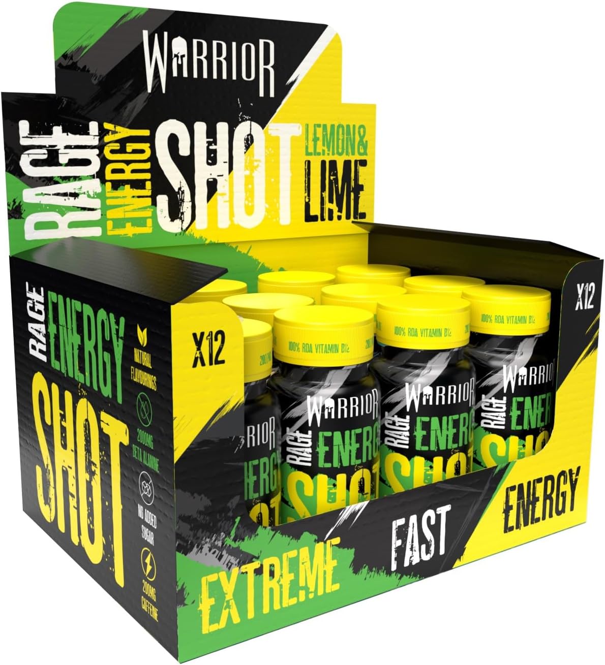 Warrior Rage Energy Shot – Pre Workout Shot – Energy Drink – 12 X 60Ml – Ready To Drink Supplement – 200Mg Caffeine – Natural Flavourings, No Added Sugar – Includes Vitamin B6 & B12 (Lemon & Lime)