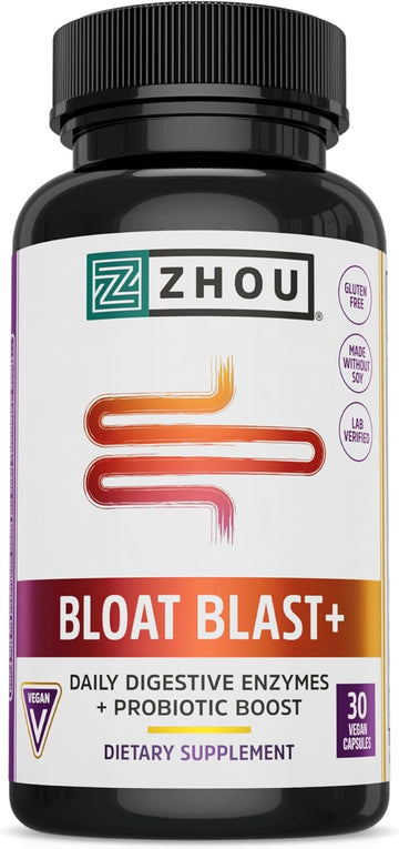 Zhou Nutrition Bloat Blast+ Digestive Enzymes With Probiotics, Bloating Relief For Women And Men, Reduce Water Retention And Improve Digestive Health, Vegan, Non-Gmo, Gluten Free, 30 Servings