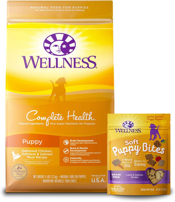 Wellness Complete Health Dry Puppy Food With Grains, 5 Lb Bag And Soft Puppy Bites, 3 Oz Bag, Grain Free Dog Treats, Trial Bundle