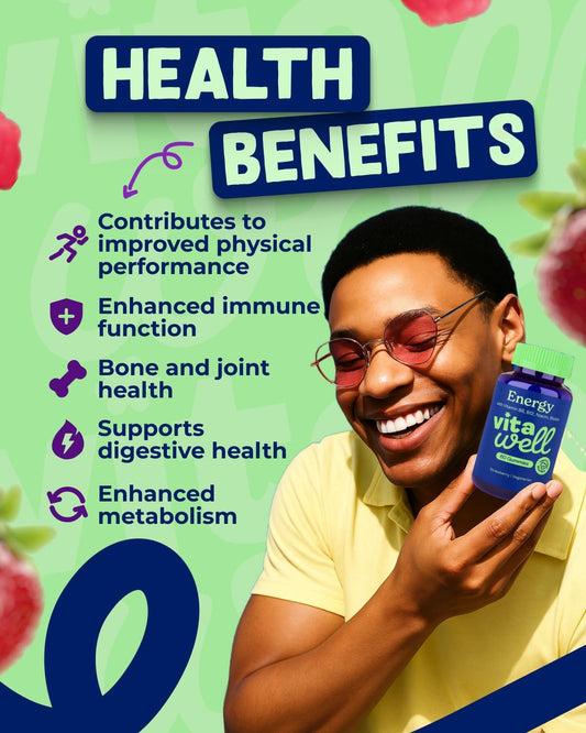 Vitawell Energy Vitamin Gummies - 60 Strawberry Flavour Gummies | High Strength Chewable Sustained Endurance Vitamins | Vitamins B6 + B12 + Niacin | Alternative To Energy Drinks, Gels & Pills