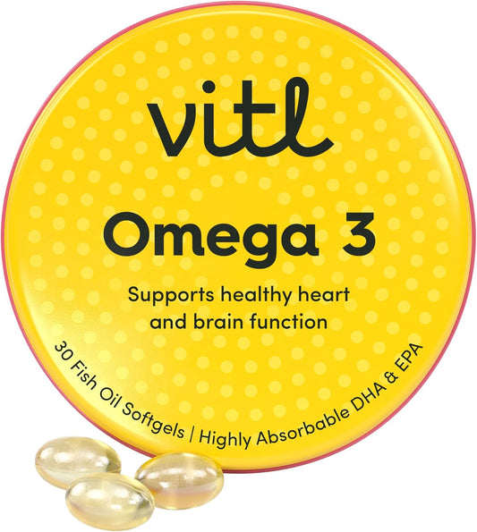 Vitl Omega 3 Fish Oil Supplement - 30 Easy To Swallow Softgel Capsules - Support Brain & Heart Health - 500Mg Fish Oil, 250Mg Dha & 50Mg Epa