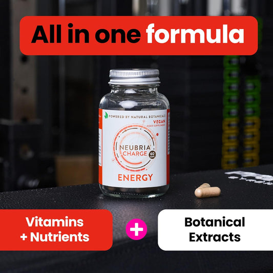 Neubria Charge Energy Supplement – Multivitamin For Adults With Guarana, Ginseng Blend, Green Tea, B Vitamins & L-Theanine – Gym & Workout Formula For Daily Vitality – 60 Vegan Capsules