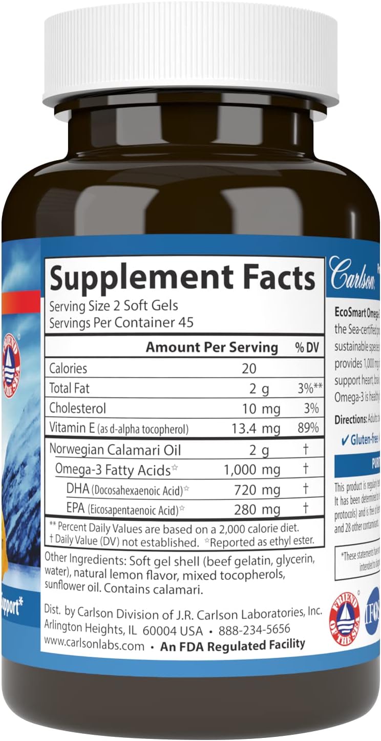 Carlson - EcoSmart Omega-3, Sustainable Source, Promotes Heart, Brain, Vision & Joint Health, Lemon, 90 soft gels