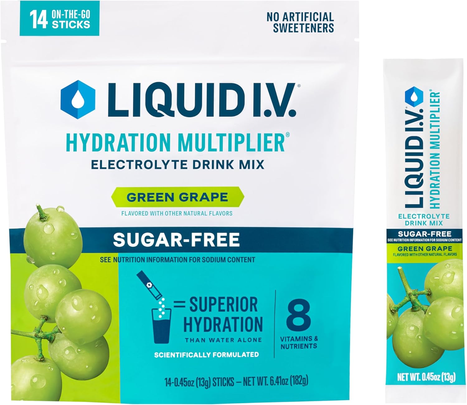 Liquid I.V.® Hydration Multiplier® Sugar-Free - Green Grape - Hydration Powder Packets | Electrolyte Powder Drink Mix | Convenient Single-Serving Sticks | Non-Gmo | 14 Servings (Pack Of 1)
