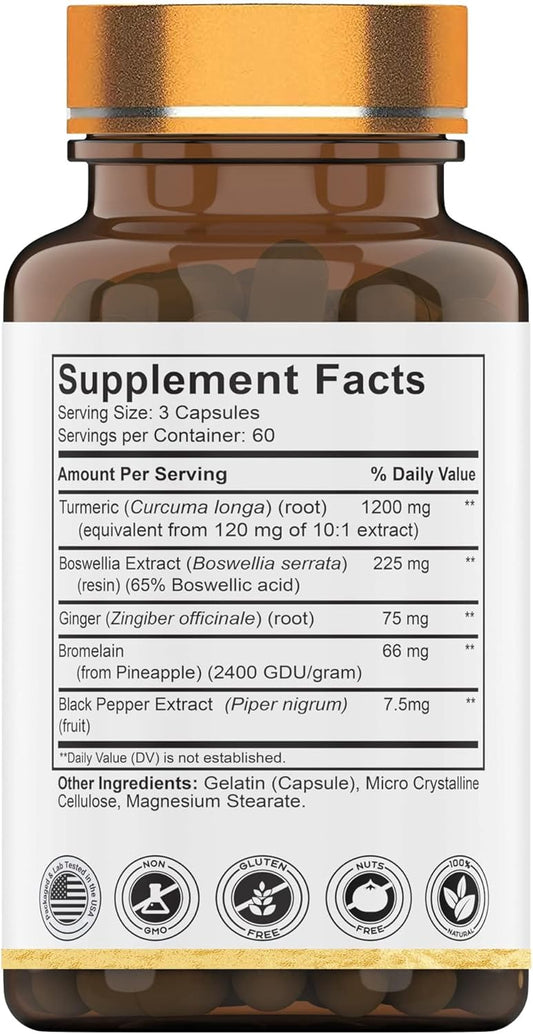 Turmeric & Boswellia Complex (180 Capsules) With Ginger Root, Bromelain, & Black Pepper Extract | Joint-Ease Formula: Powerful Joint Support Supplement* | Produced In The Usa