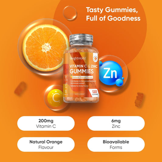 Vitamin C And Zinc Gummies - 120 Tasty Gummies - Natural Orange Flavour - 2 Per Day - Gluten-Free, Non-Gmo & Vegan-Friendly - Easy To Chew - Bioavailable Forms (L-Ascorbic Acid & Zinc Citrate)