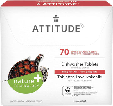 Attitude Dishwasher Pods, Naturally Derived Dishwashing Detergent, Vegan And Plant-Based Dish Soap Tablets, Phosphate Free, Unscented, 70 Count