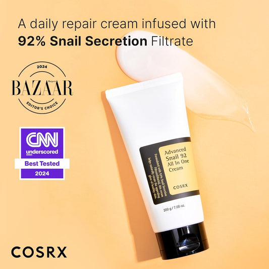 Cosrx Snail Mucin 92% Moisturizer, Daily Repair Face Gel Cream Tube Type For Dry, Sensitive Skin, Not Tested On Animals, No Parabens, No Sulfates, No Phthalates, Korean Skincare (3.52Fl Oz / 100G)