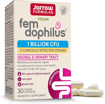 Jarrow Formulas Fem-Dophilus Probiotics 1 Billion Cfu With 2 Clinically Effective Strains, Dietary Supplement For Vaginal Health And Urinary Tract Health, 30 Veggie Capsules, 30 Day Supply