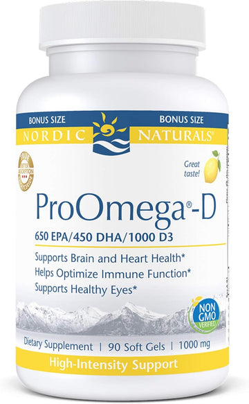 Nordic Naturals ProOmega-D, Lemon Flavor - 90 Soft Gels - 1280 mg Omega-3 + 1000 IU D3 - High-Potency Fish Oil - EPA & DHA - Brain, Eye, Heart, Joint, & Immune Health - Non-GMO - 45 Servings