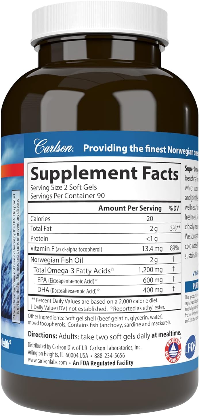 Carlson - Super Omega-3 Gems, 1200 mg Omega-3s, Cardiovascular Support, Brain Function & Vision Health, 180 soft gels